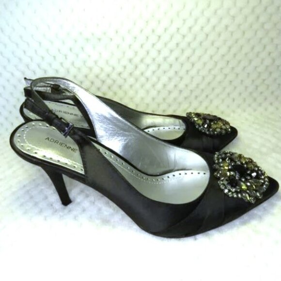 Adrienne Vittadini Black Satin Rhinestone Brooch Slingback Heels Size 7M - Picture 6 of 11